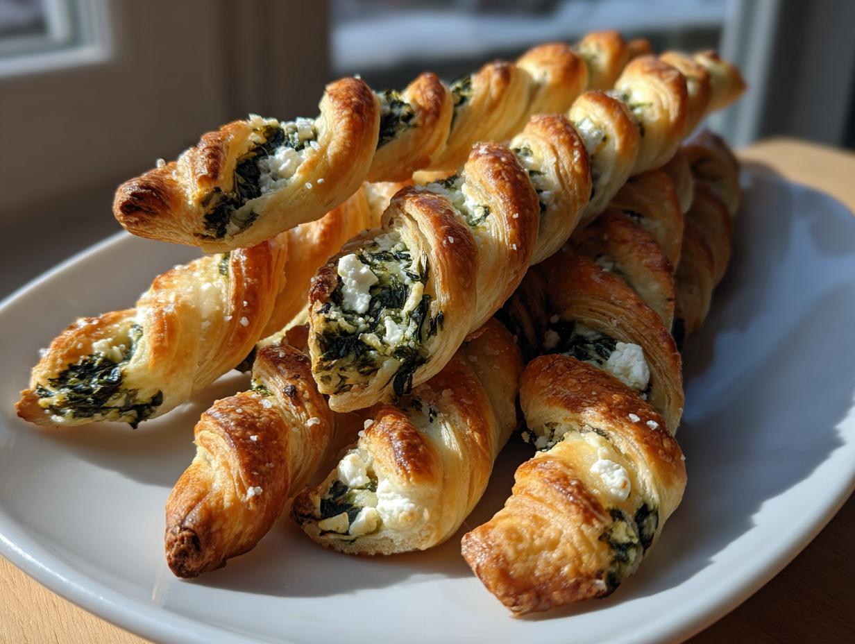 A pile of golden-brown, twisted pastries filled with spinach and feta cheese, known as Mediterranean Spinach and Feta Cheese Crisps.