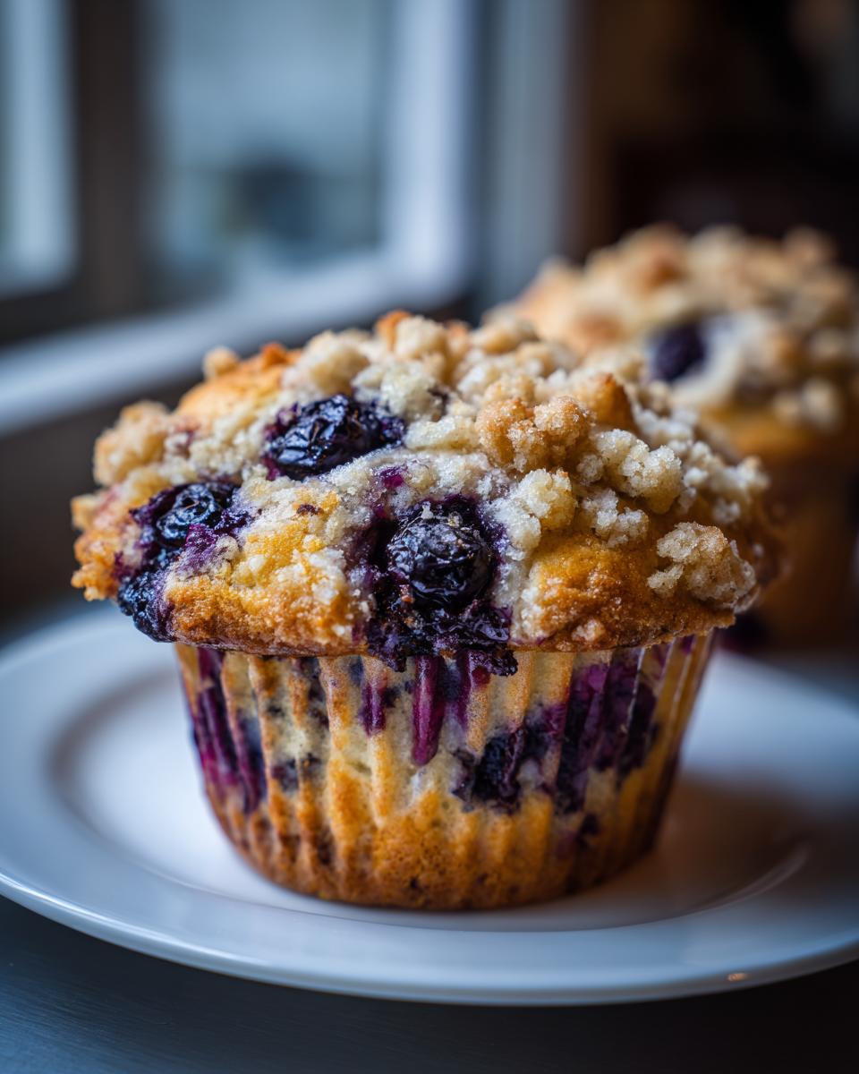 Close-up of a moist blueberry muffin topped with a sweet streusel crumb topping, showing rich purple blueberry pockets.
