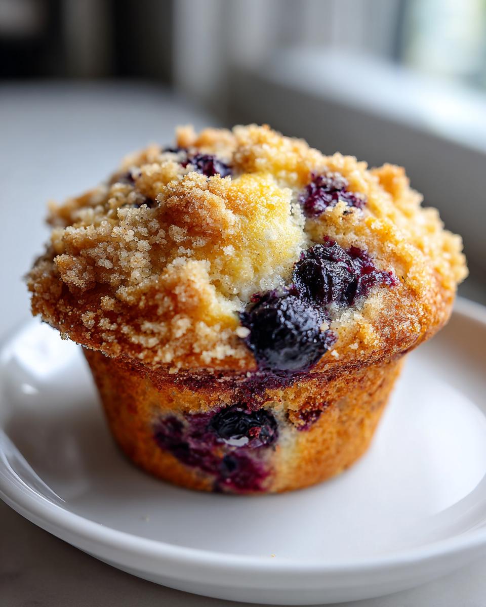 A close-up of a single, moist blueberry muffin topped with a generous layer of brown sugar streusel.