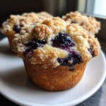 Close-up of a moist blueberry muffin topped with a generous brown sugar crumb topping.