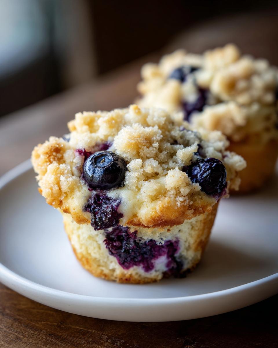 Close-up of a moist blueberry muffin topped with sweet streusel, featuring burst blueberries.