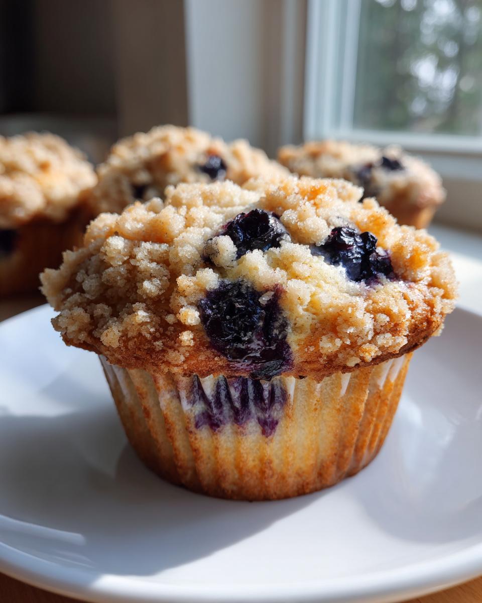 Close-up of a moist blueberry muffin topped with a generous streusel crumb topping and bursting blueberries.