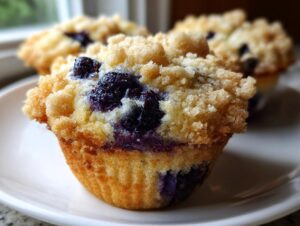 Close-up of a moist blueberry muffin featuring a thick, sugary crumb topping and bursting blueberries.