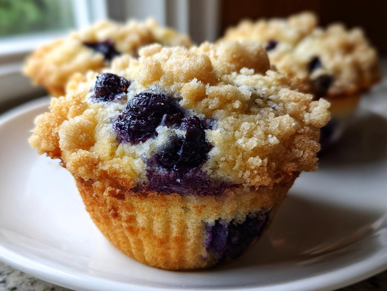 Close-up of a moist blueberry muffin featuring a thick, sugary crumb topping and bursting blueberries.