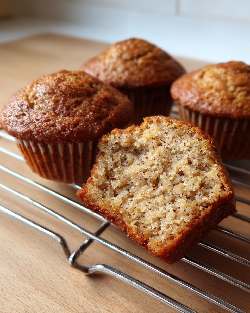 Close-up of moist bran muffins, one cut in half showing the texture, cooling on a wire rack.