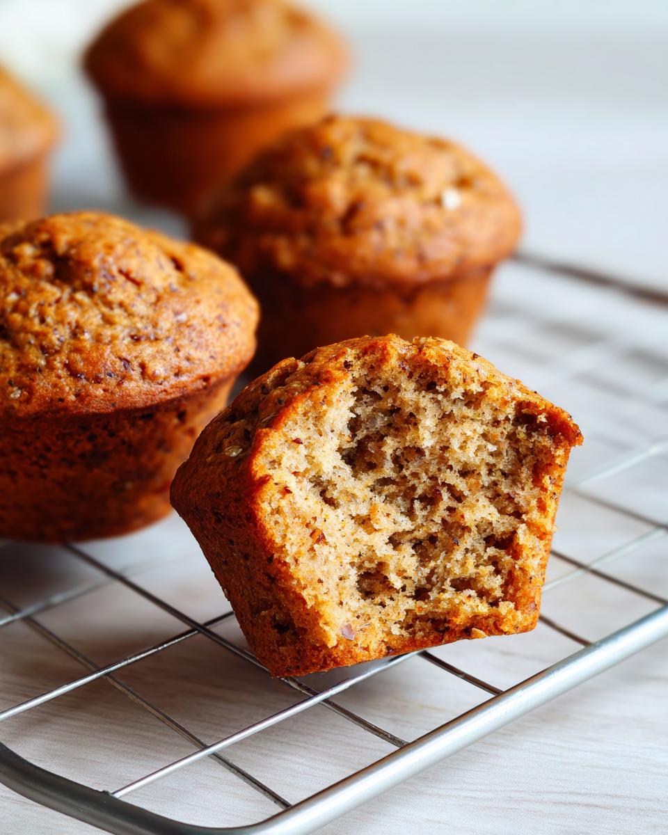 A close-up of a moist bran muffin, broken in half to show the texture, resting on a cooling rack with other bran muffins in the background.