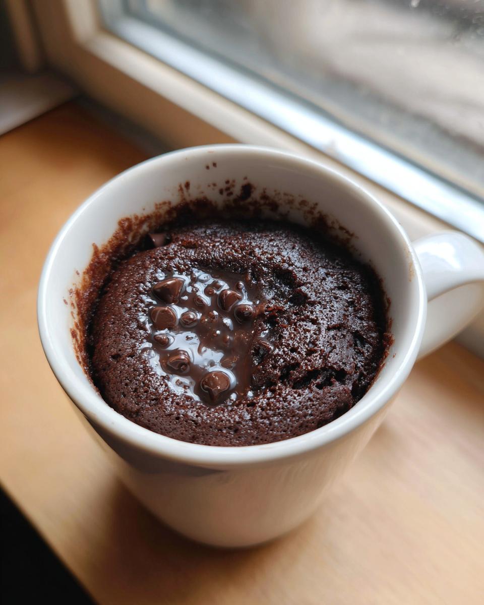 Close-up of a rich, dark chocolate mug cake topped with melted chocolate chips, ready to eat.