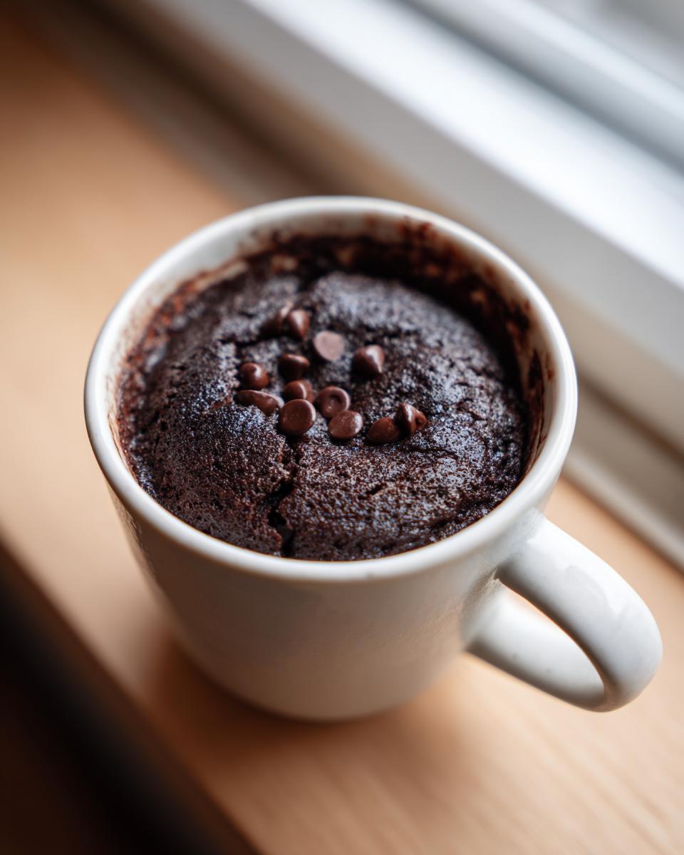 Close-up of a rich, dark chocolate mug cake topped with chocolate chips, ready to eat.
