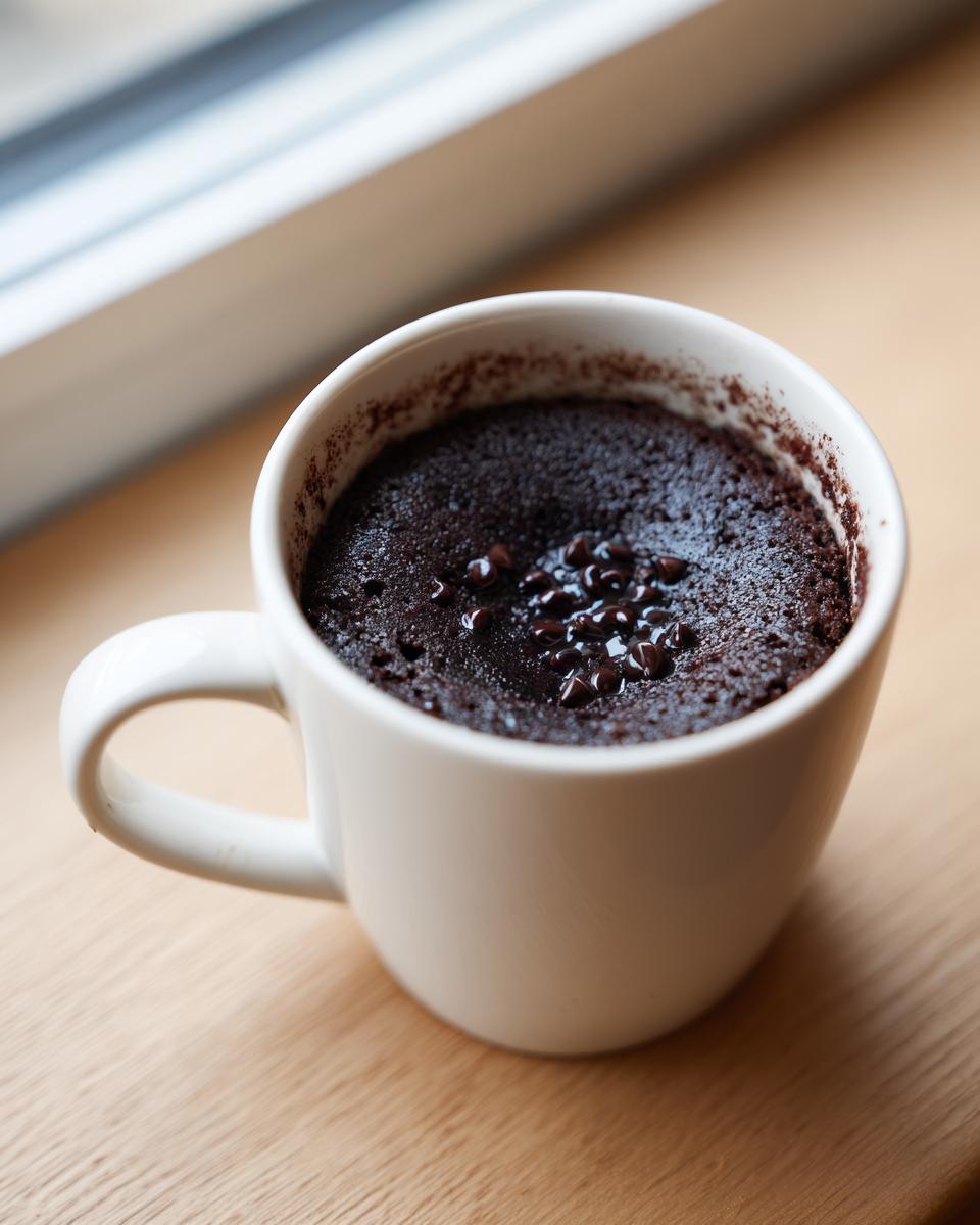 Close-up of a moist chocolate mug cake topped with chocolate chips inside a white mug.