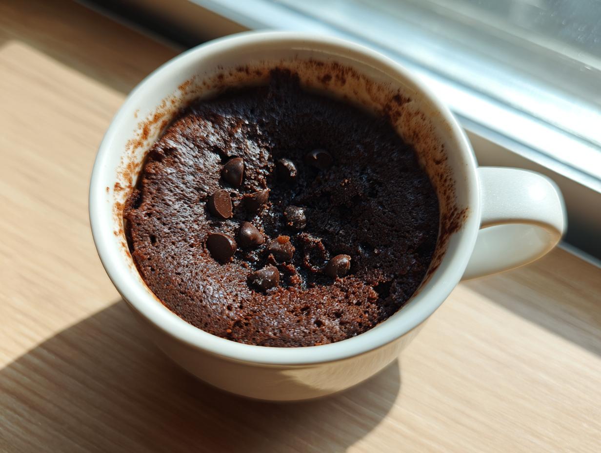 Close-up of a moist chocolate mug cake topped with melted chocolate chips, sitting in a white mug.