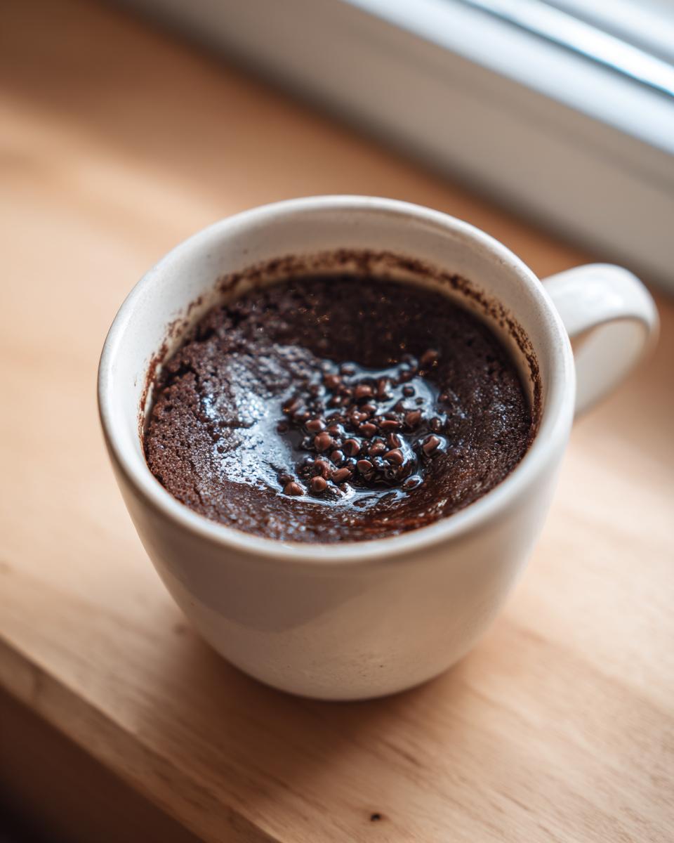 Close-up of a moist chocolate mug cake topped with melted chocolate and sprinkles, sitting in a white mug.