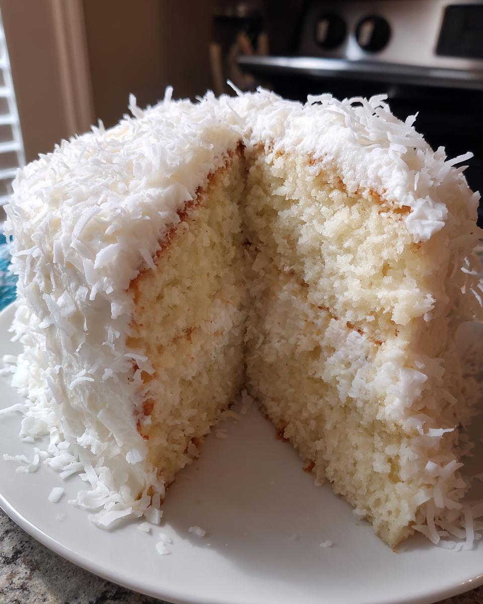 A moist coconut cake with a slice removed, revealing the fluffy interior and covered in shredded coconut flakes.