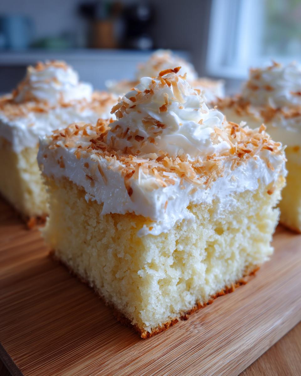 A close-up of a moist slice of coconut poke cake topped with whipped cream and toasted coconut flakes.