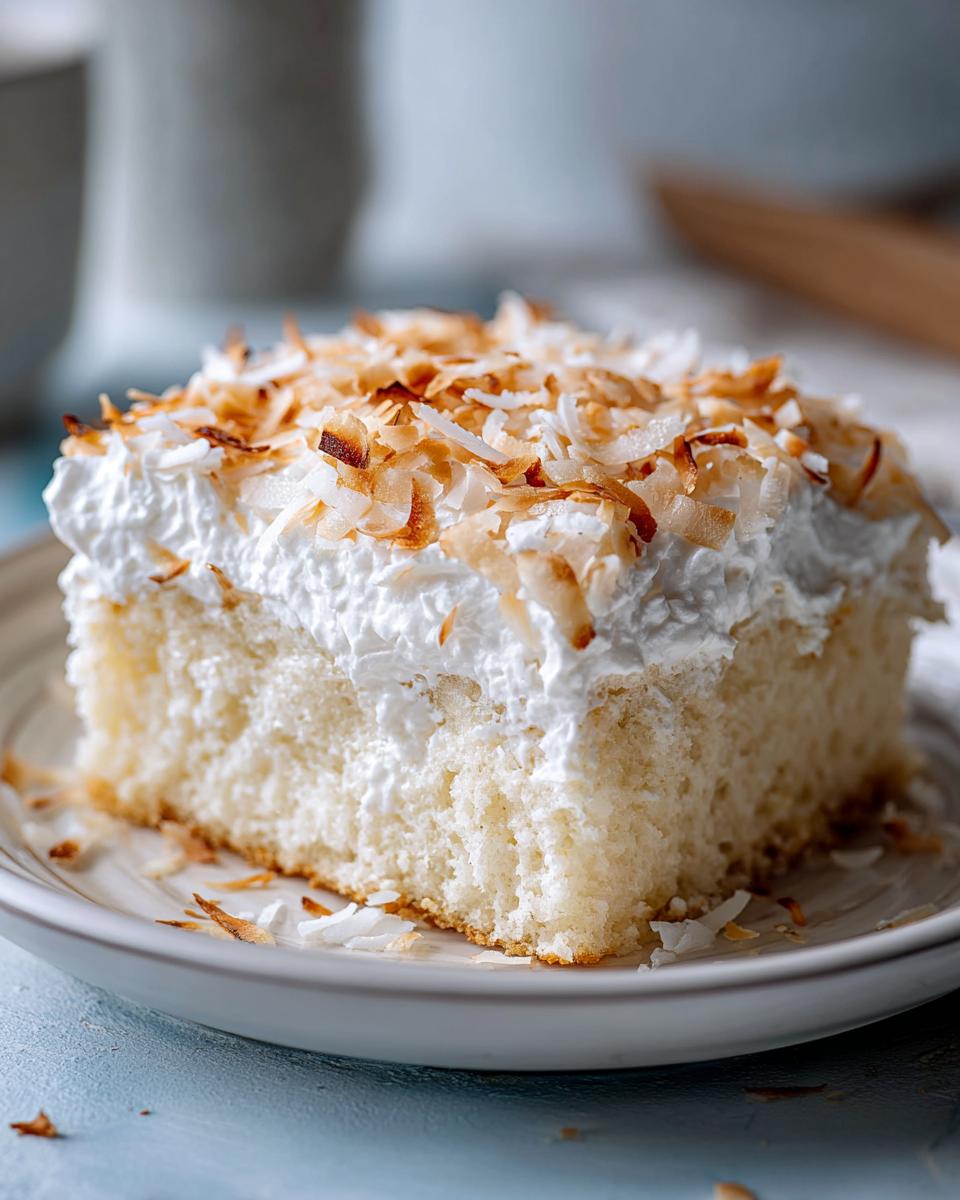 A close-up of a moist slice of coconut poke cake topped with whipped cream and toasted coconut flakes.