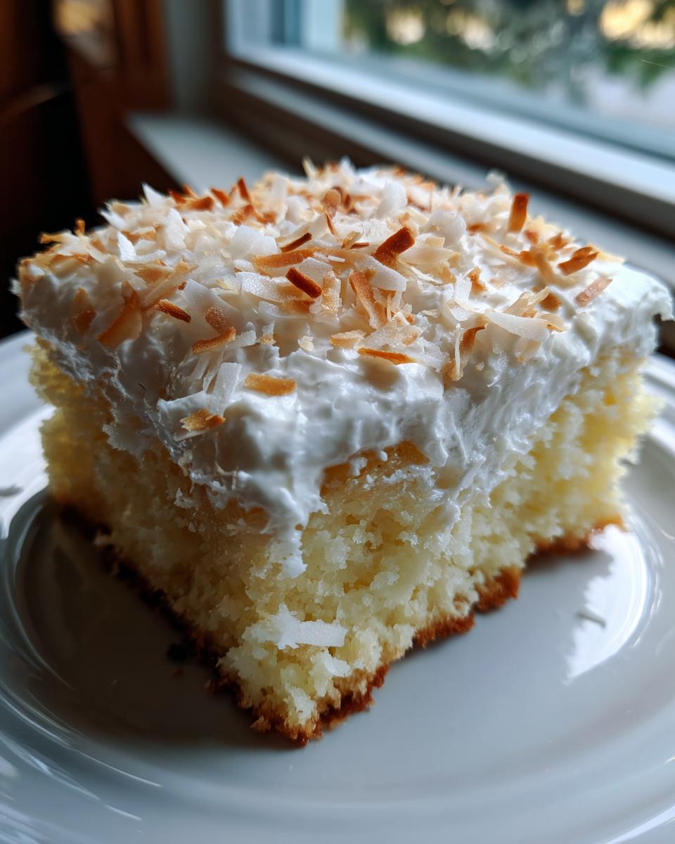 A square slice of moist coconut poke cake topped with white frosting and toasted coconut flakes.