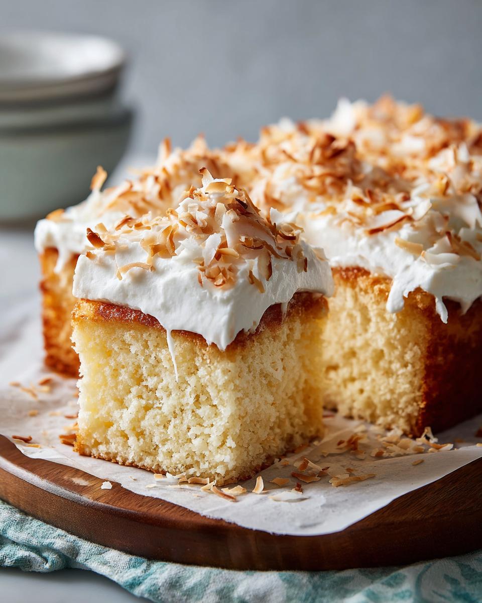 A close-up of a moist slice of coconut poke cake topped with whipped cream and toasted coconut flakes.