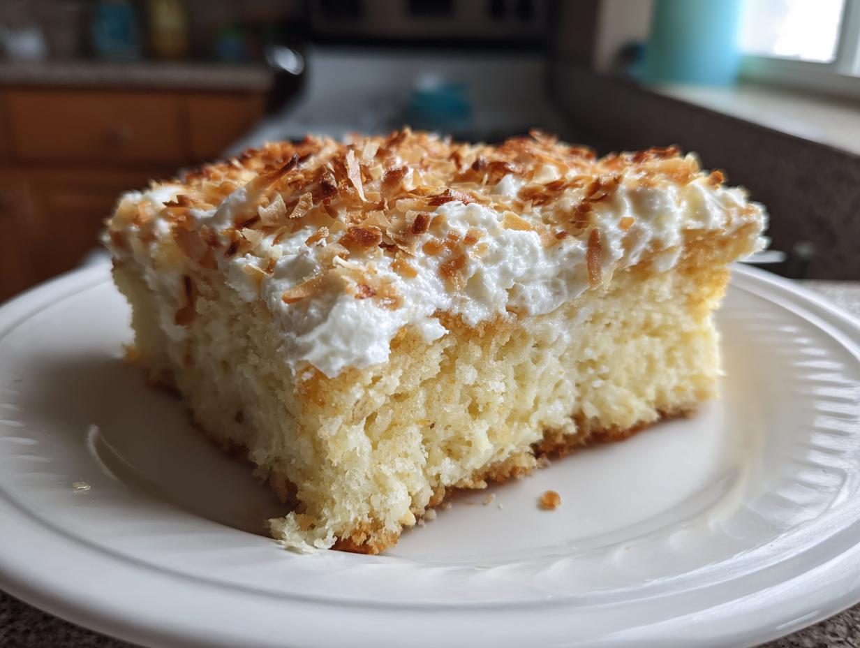 A close-up of a moist slice of coconut poke cake topped with whipped cream and toasted coconut flakes.
