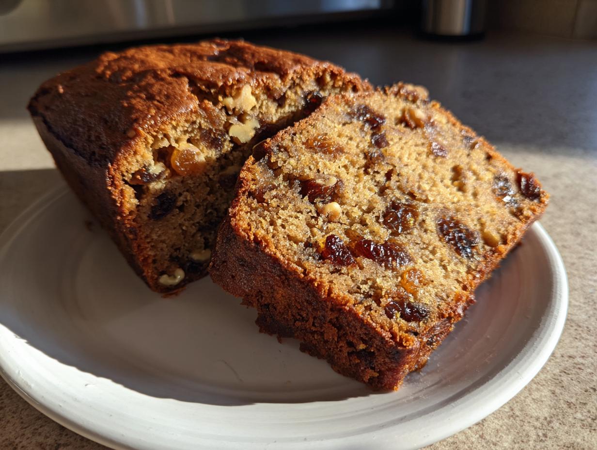 A close-up of a freshly baked loaf of date nut bread with one thick slice cut and leaning against the main loaf on a white plate.