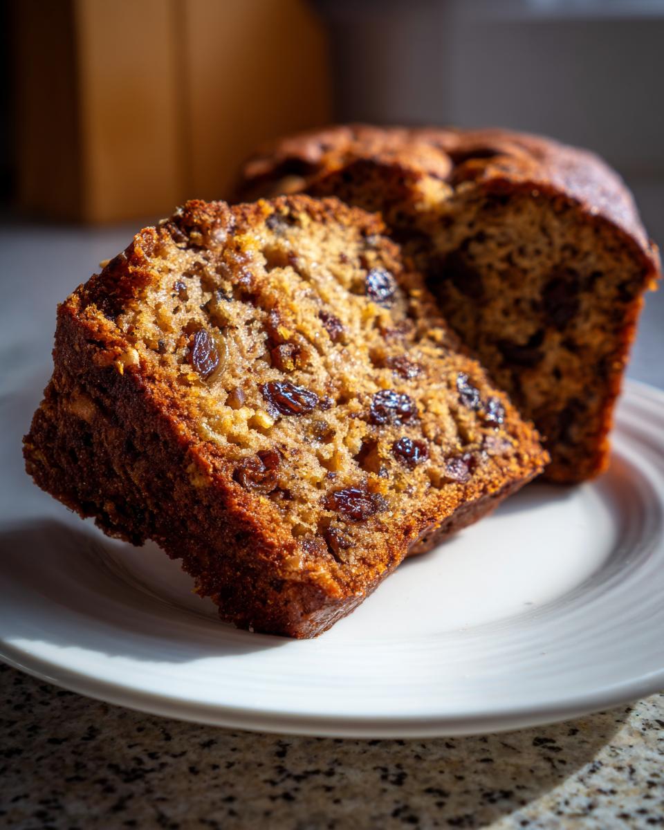 Close-up of a thick slice of moist date nut bread, showing raisins and nuts, resting on a white plate.