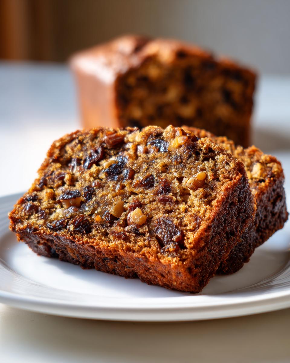Two thick slices of moist date nut bread, rich with visible dates and walnuts, sitting on a white plate.