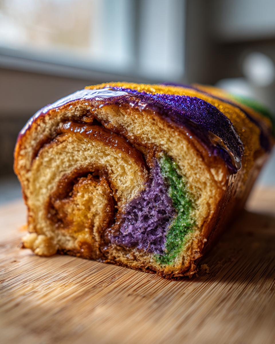 Close-up of a moist King Cake cross-section showing cinnamon swirl and colored purple and green dough, topped with purple and gold icing.