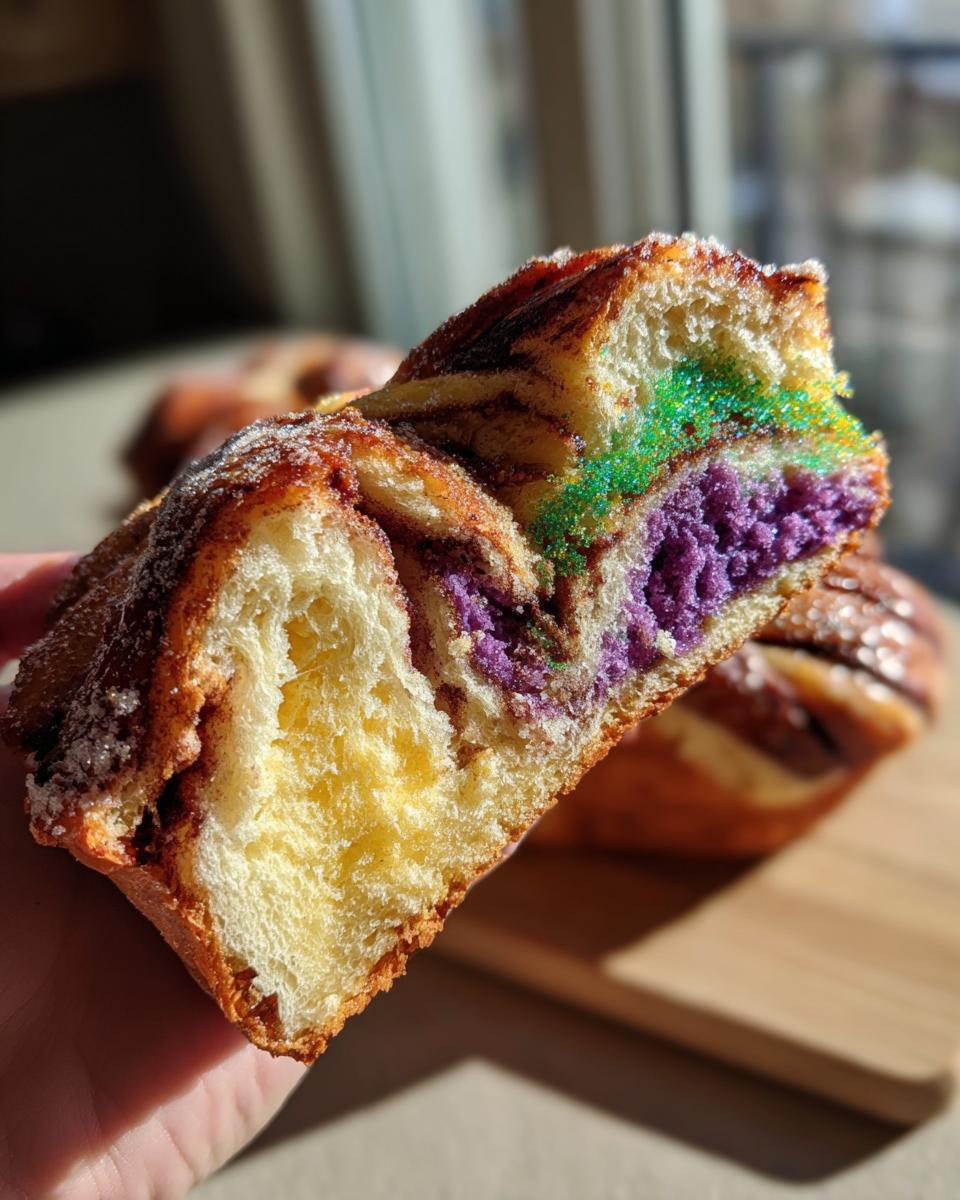 A hand holds a cross-section slice of moist King Cake showing soft yellow dough, purple filling, and green sugar sprinkles.