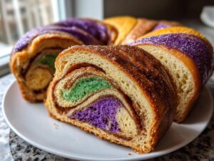 Close-up of a slice of moist King Cake showing layers of colorful purple and green filling and cinnamon swirl.