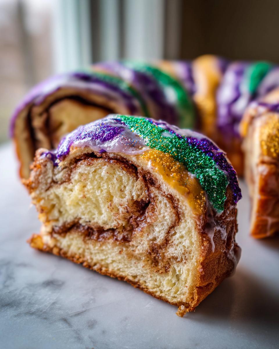 A close-up slice of moist Kings cake showing the cinnamon swirl filling and purple, green, and gold icing and sprinkles.