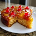 Close-up of a slice cut from a moist pineapple upside down cake topped with caramelized pineapple rings and maraschino cherries.