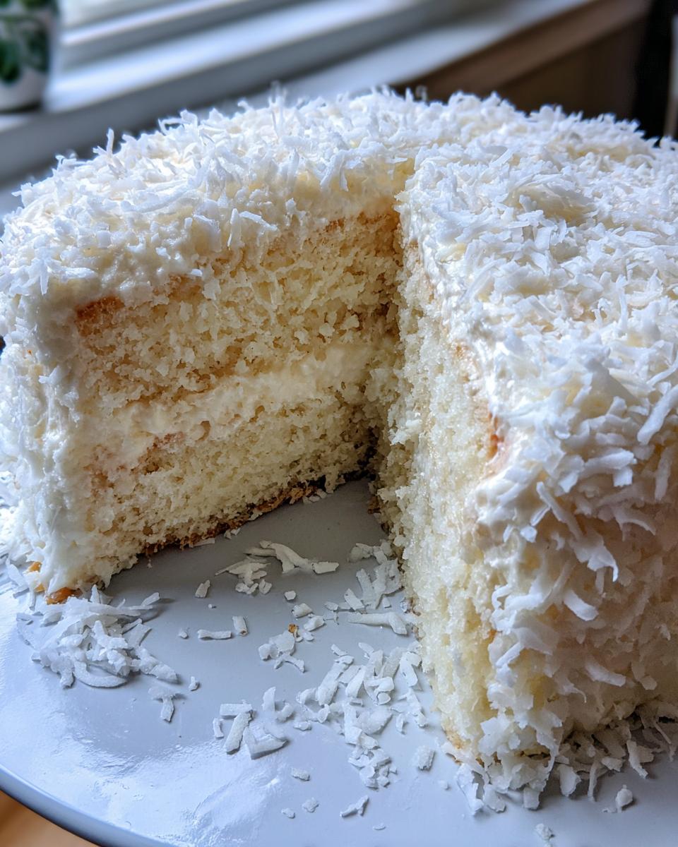 A close-up of a moist, layered coconut cake with white frosting and shredded coconut topping, a slice removed.