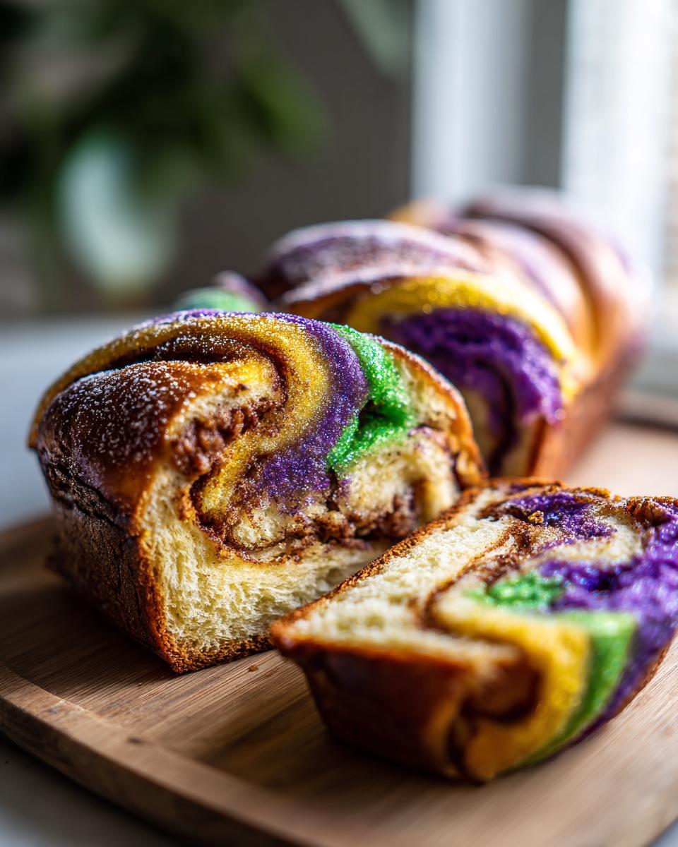 Close-up of a moist, sliced King Cake showing the colorful purple, green, and gold swirls and cinnamon filling.