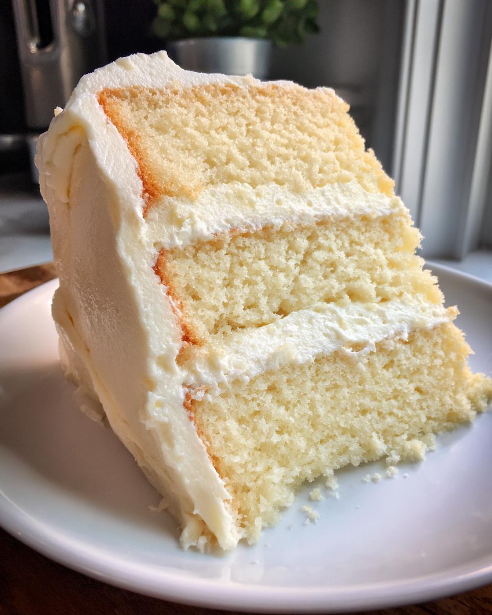 Close-up of a moist, three-layer slice of vanilla cake recipe with thick white frosting.