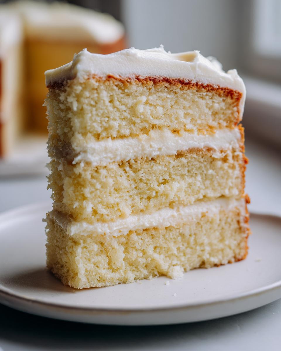 Close-up of a moist, three-layer slice from the best vanilla cake recipe, layered with white frosting.