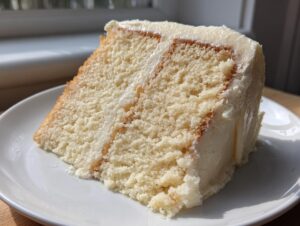 A close-up view of a moist slice of vanilla cake recipe layered with thick white buttercream frosting, sitting on a white plate.