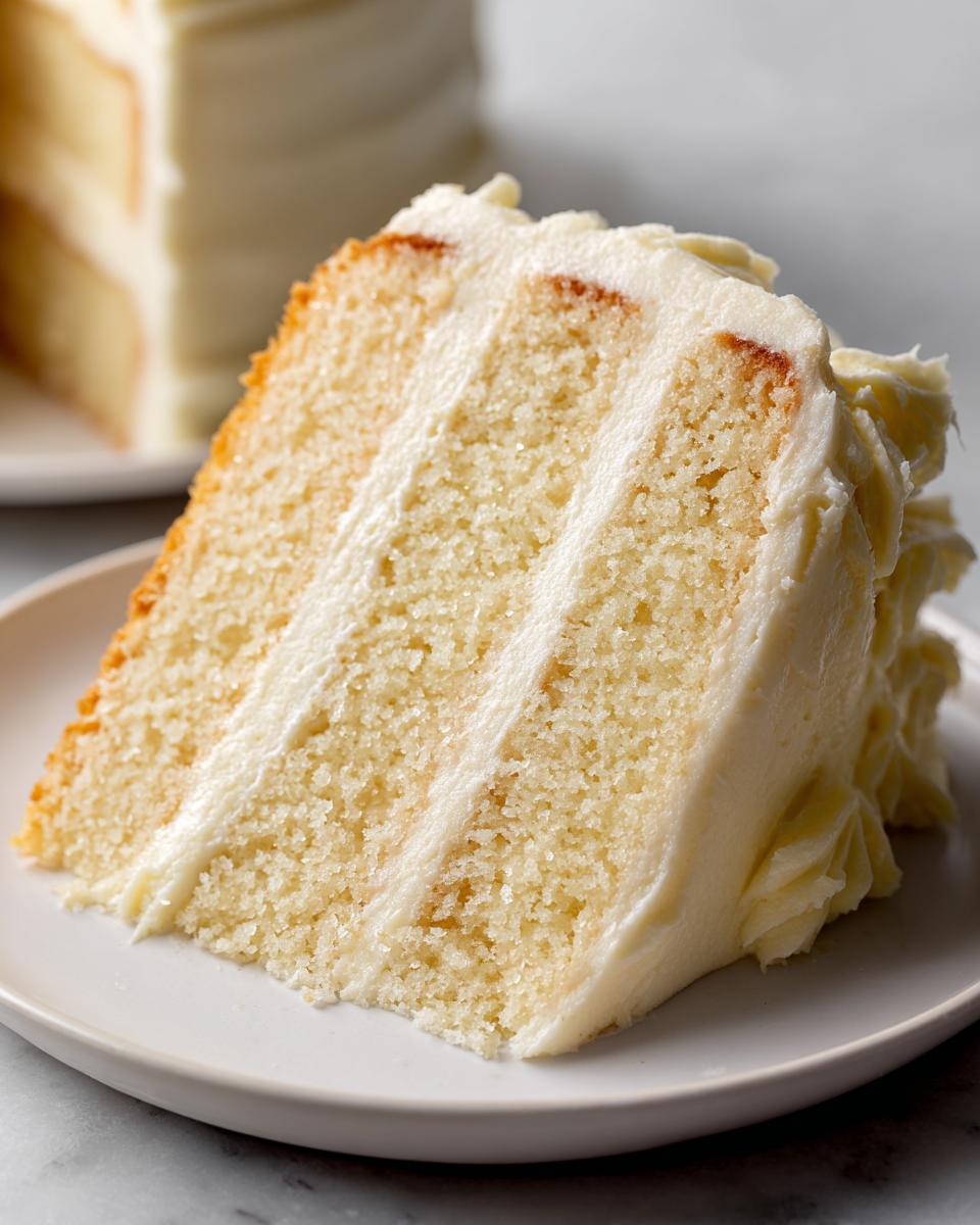 Close-up of a moist slice of vanilla cake recipe layered with thick white buttercream frosting.