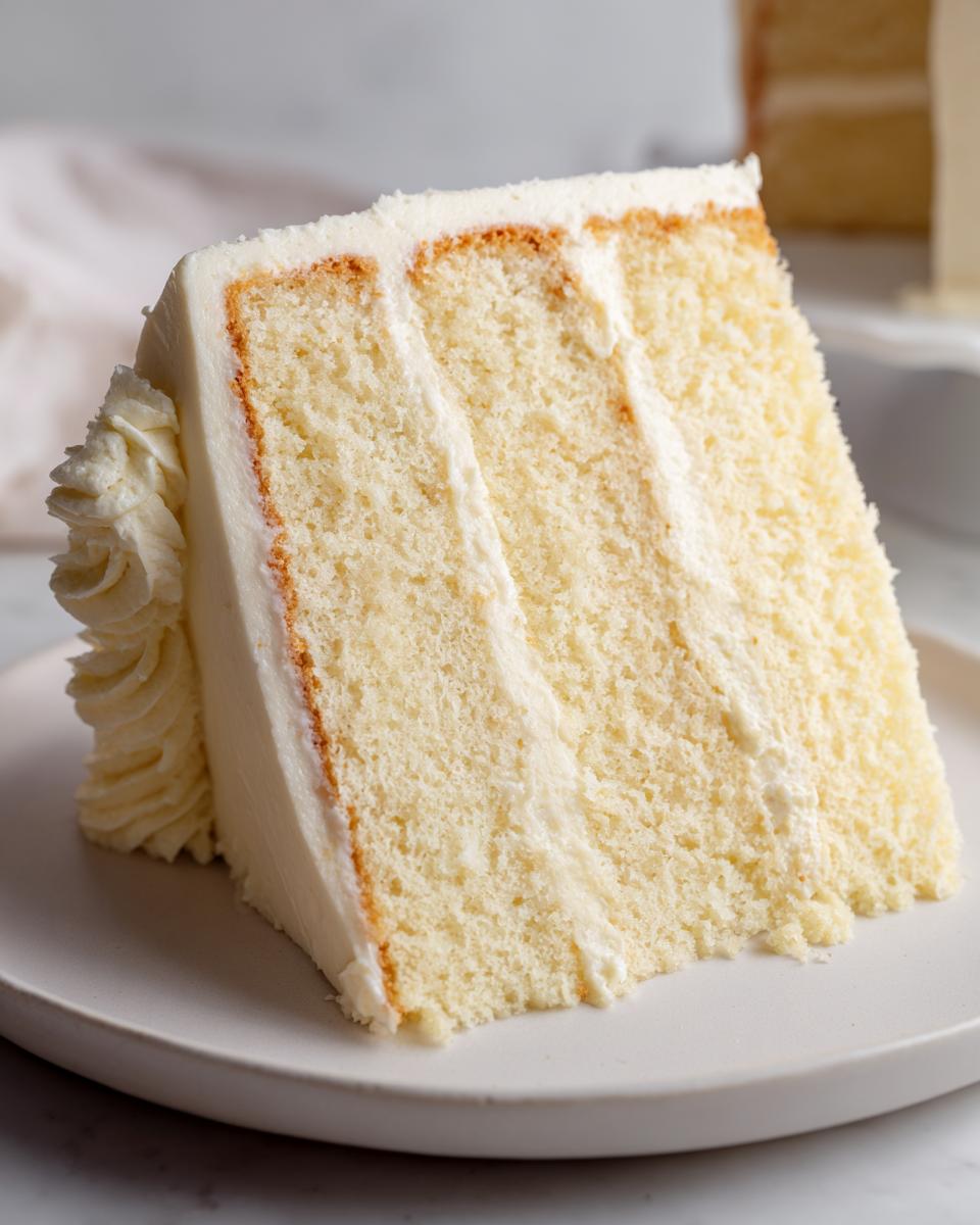 A tall slice of moist vanilla cake recipe showing three layers of light sponge and white buttercream frosting.