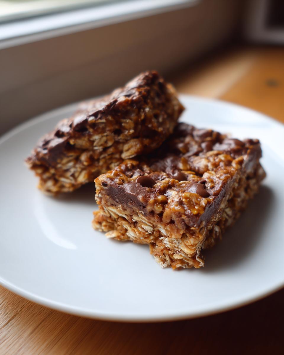 Two rich, chewy no-bake oatmeal bars topped with melted chocolate chips resting on a white plate.