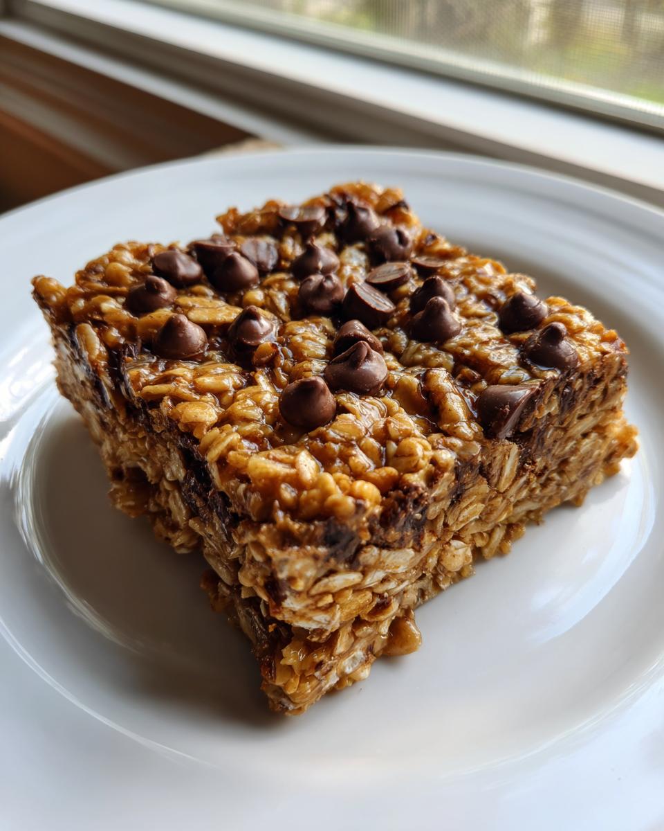 A single, thick square of chewy no-bake oatmeal bars topped generously with melted chocolate chips, served on a white plate.