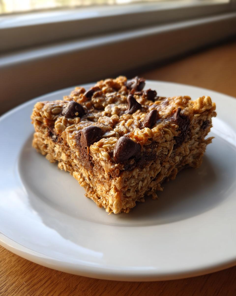 A single square of rich, chewy no-bake oatmeal bars topped with chocolate chips, sitting on a white plate.