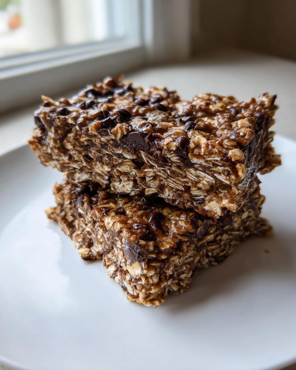 Two stacked, rich, no-bake oatmeal bars loaded with visible oats and melted chocolate chips on a white plate.