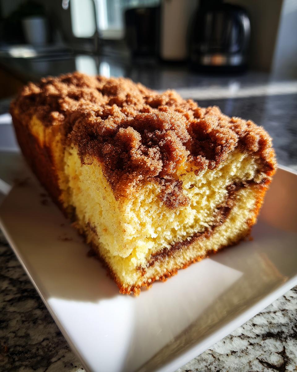 A close-up, sunlit view of a slice of moist coffee cake with a thick cinnamon streusel topping.