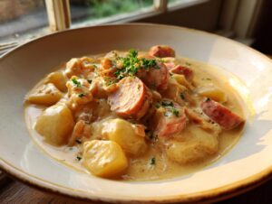 A close-up of a bowl of creamy potato and sausage chowder, garnished with parsley, bathed in warm light.