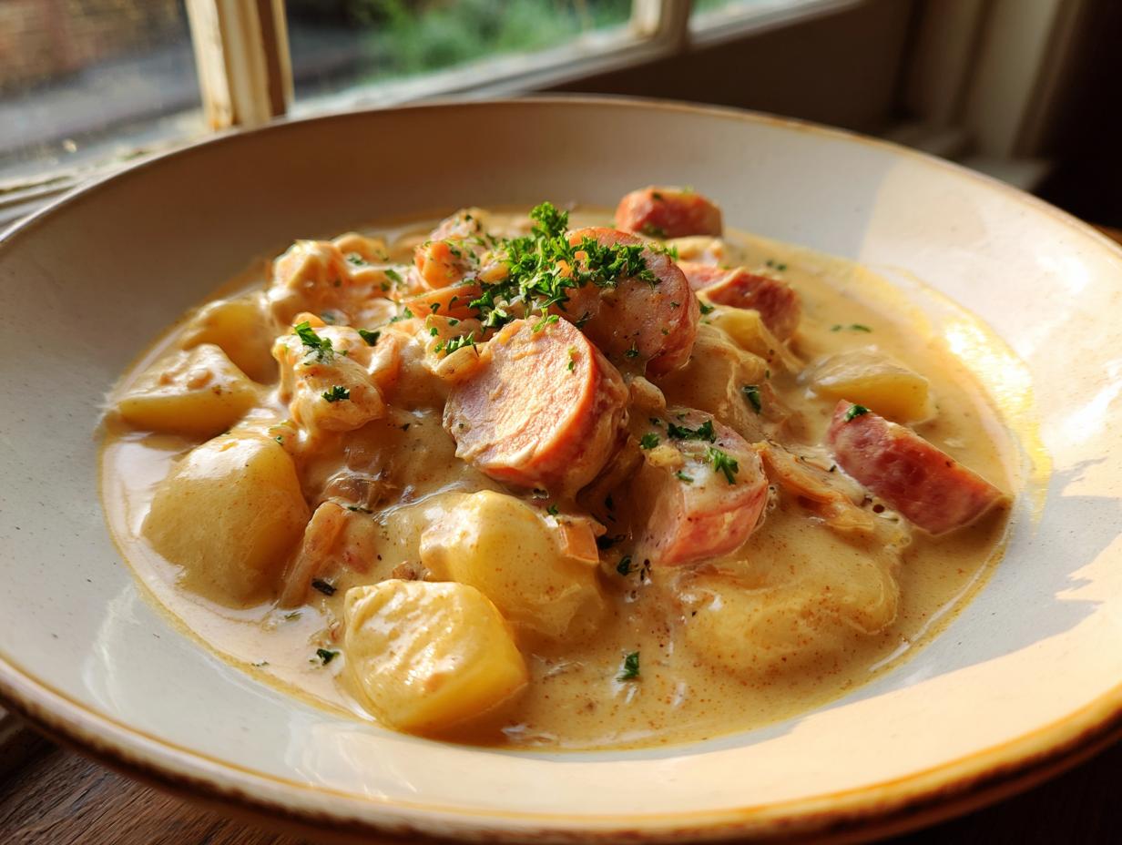 A close-up of a bowl of creamy potato and sausage chowder, garnished with parsley, bathed in warm light.