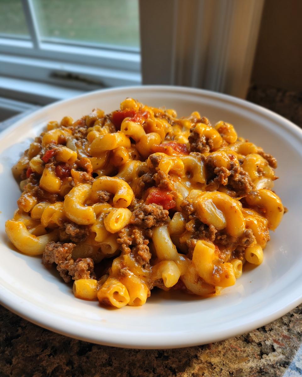 A close-up of a hearty serving of cheesy taco pasta with ground beef and elbow macaroni in a white bowl.