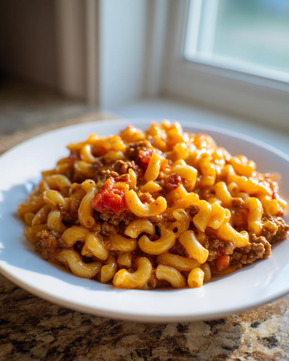 Close-up of a white plate filled with creamy, cheesy taco pasta mixed with ground beef and diced tomatoes.