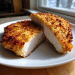 Two halves of golden brown parmesan crusted chicken showing the juicy white interior.