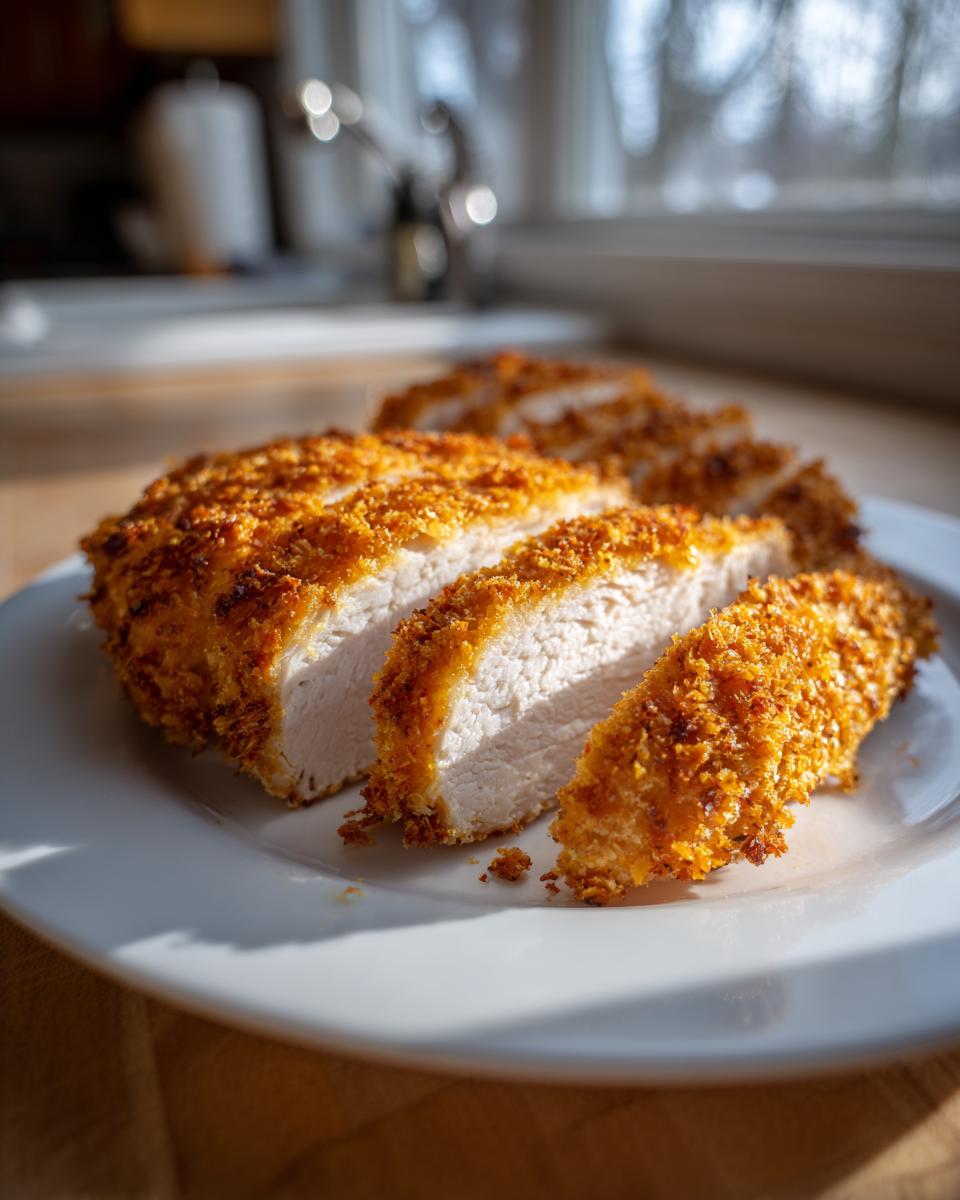 Close-up of sliced parmesan crusted chicken showing the white interior and golden crust on a white plate.