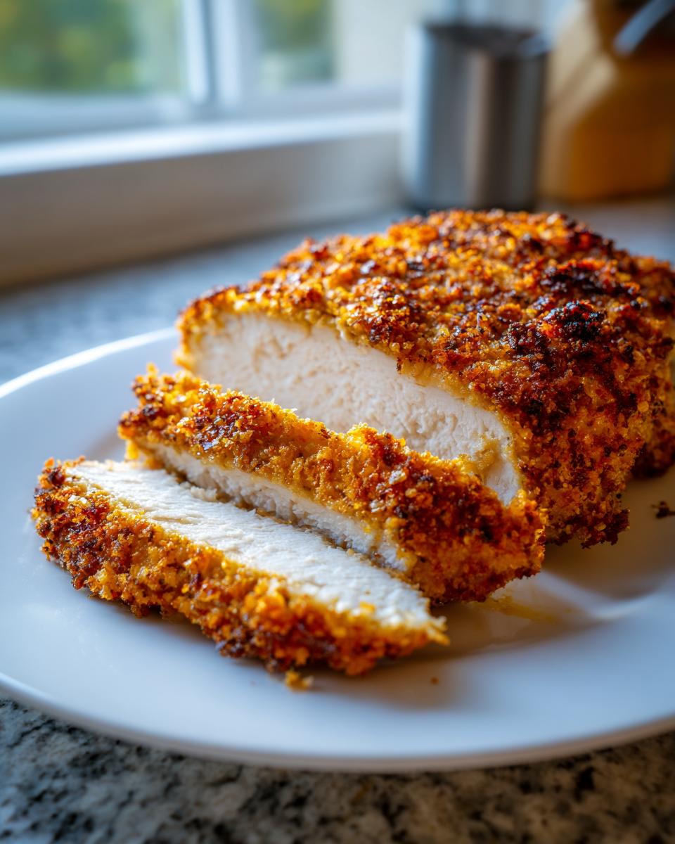 Close-up of juicy parmesan crusted chicken breast, sliced to show the white interior and golden brown crust.