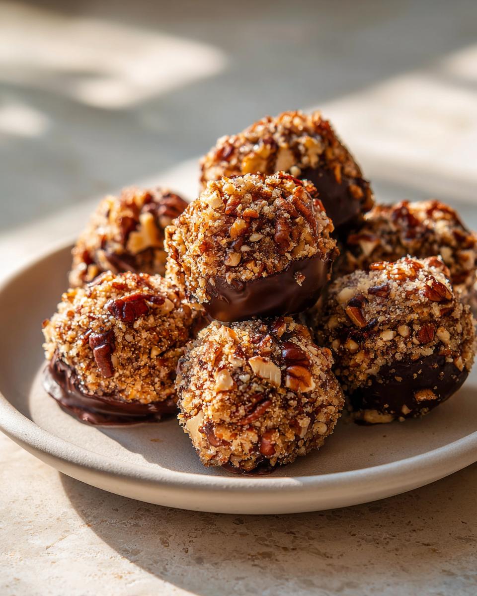 A stack of homemade pecan pie balls coated in chopped nuts and partially dipped in dark chocolate.