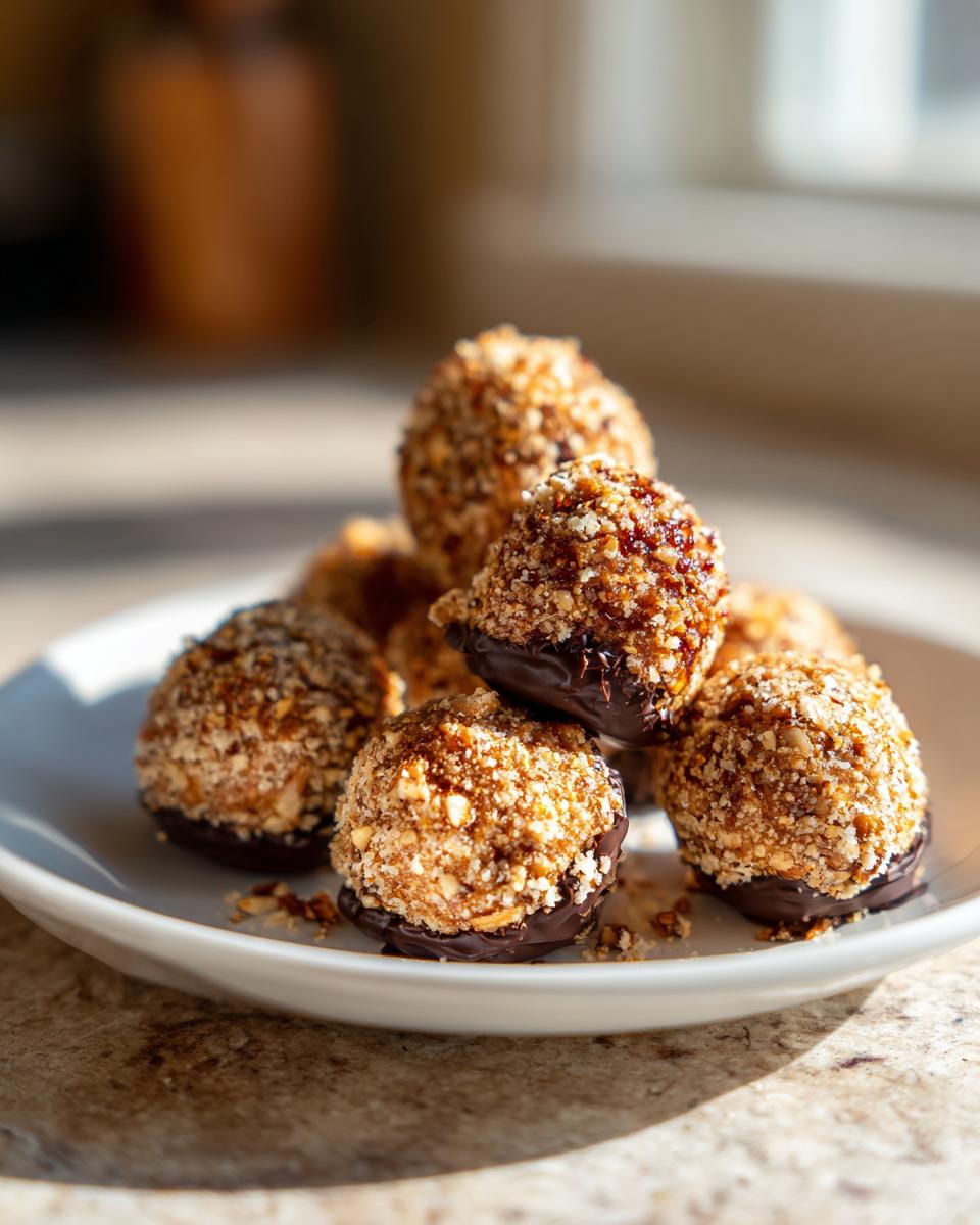 A stack of delicious pecan pie balls rolled in chopped nuts and partially dipped in dark chocolate.